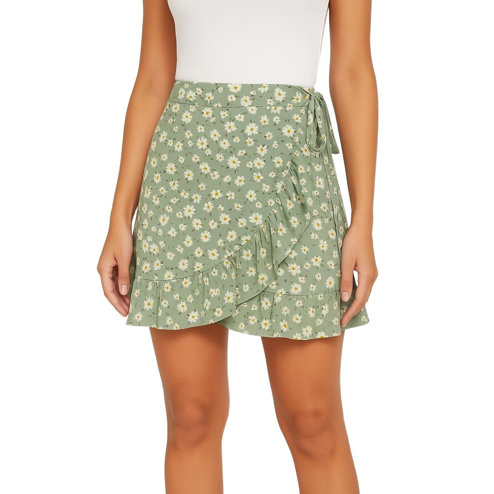 SHEIN Green Floral Pattern Ruffle Trim Faux Tie Waist‎ Wrap Skirt Womens Small